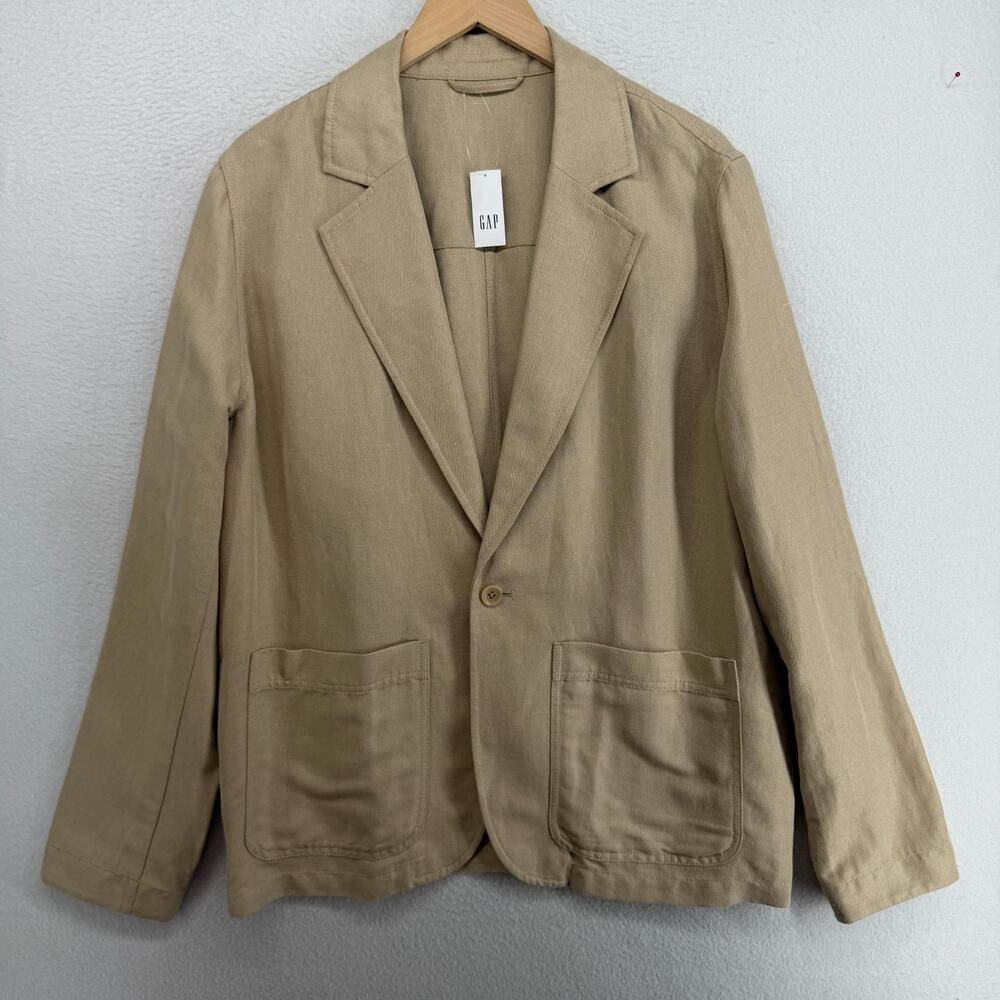 GAP Blazer Mens M Jacket Linen Blend Herringbone Twill Single Button Beige NEW